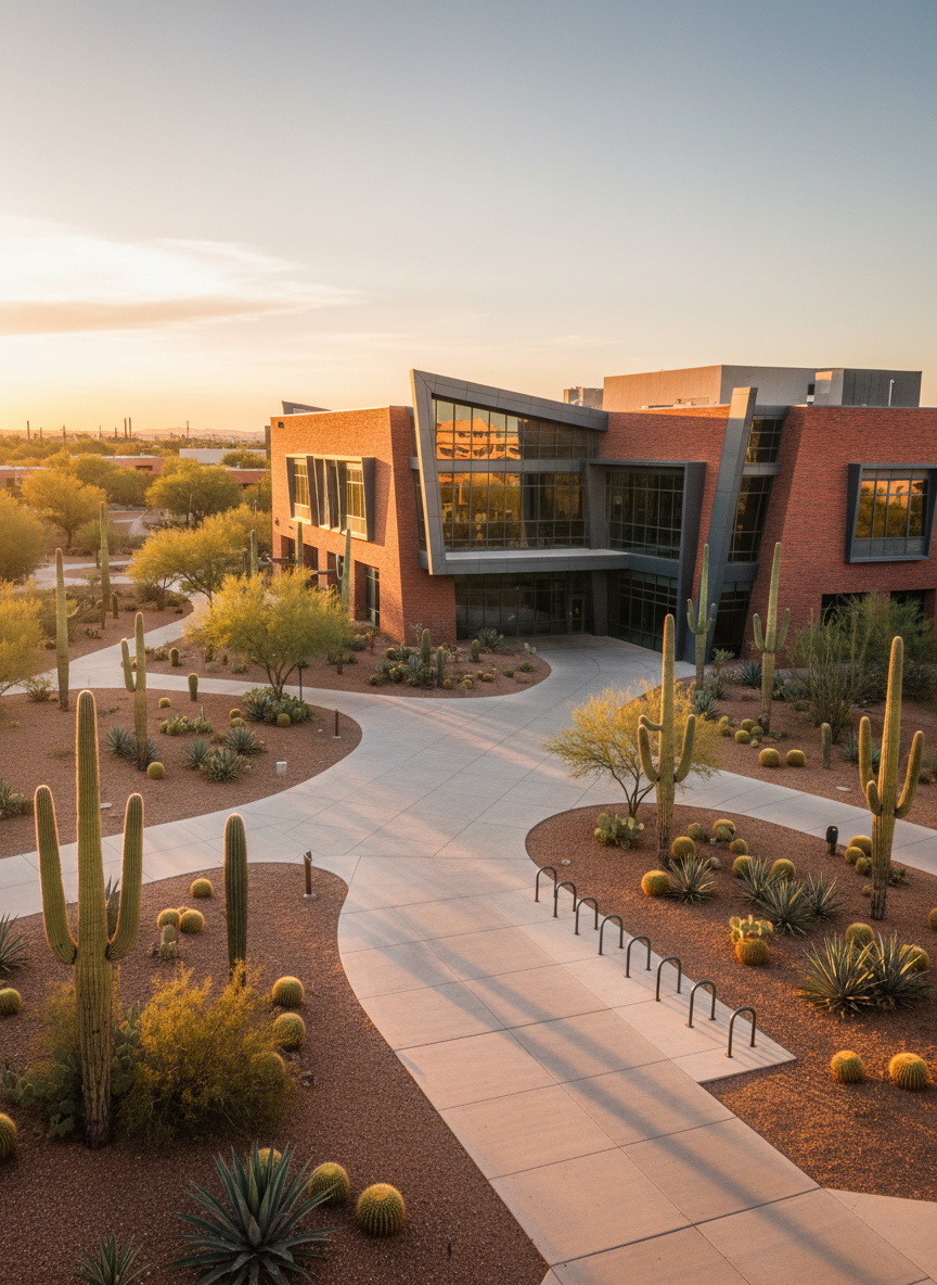 An expansive view of ASU’s Tempe campus architecture represented by a modern red-brick academic building with angular metal accents and reflective glass panels, surrounded by desert landscaping of saguaros, agave, and rust-colored gravel. A wide, sunlit pedestrian walkway curves through the scene with scattered longboard and bike racks, all empty. Golden hour sunlight bathes the building in warm tones, creating crisp, elongated shadows that emphasize the geometry. Captured in photographic realism from a slightly elevated, wide-angle perspective, with sharp focus throughout, the mood feels ambitious, energetic, and full of possibility, ideal for conveying big-picture ASU life on a personal blog.