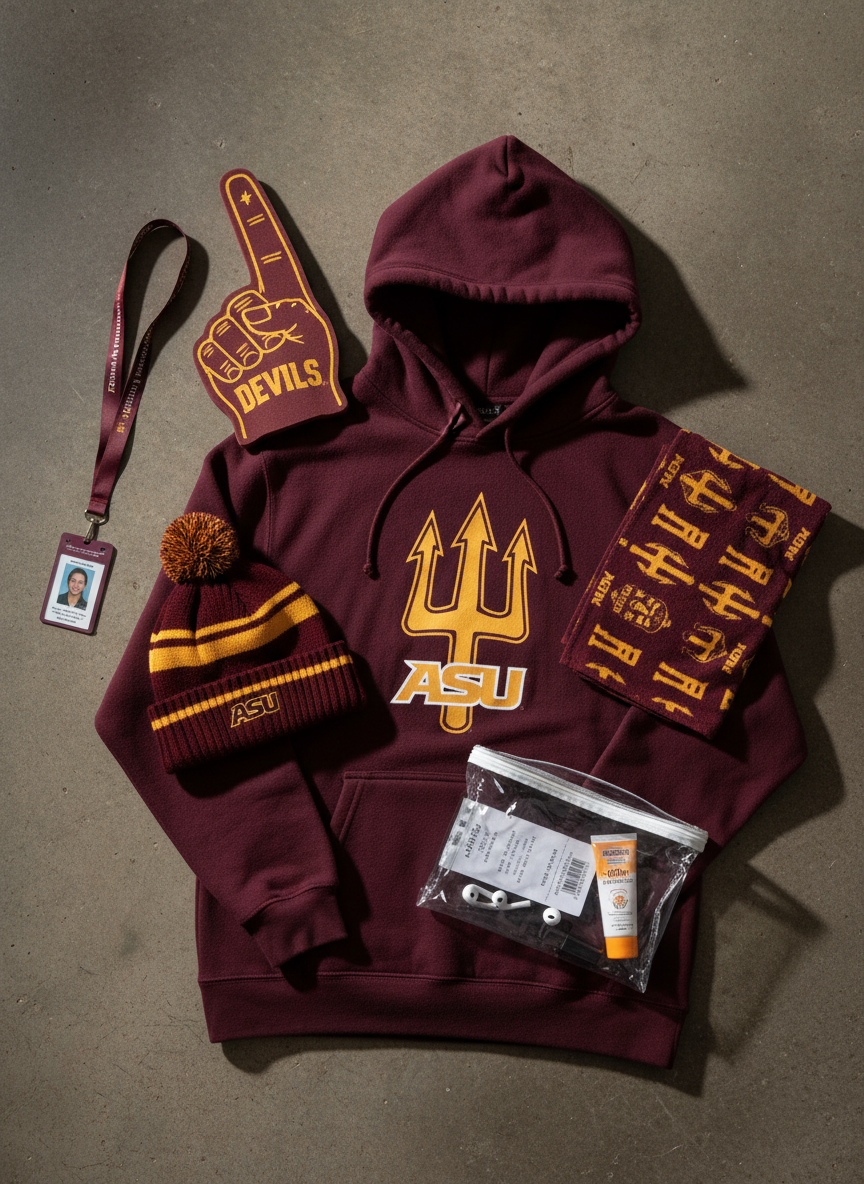 A spirited ASU game-day flat lay with no clothing worn: a carefully arranged maroon hoodie with a bold gold pitchfork logo, a knit beanie, a foam finger, and a folded rally towel spread across a textured concrete surface reminiscent of a stadium concourse. A clear plastic stadium-approved bag holds a ticket, sunscreen, and earbuds, while a lanyard with an ID card lies diagonally to add dynamic lines. Soft, directional studio lighting from the upper left creates gentle highlights on the fabric textures and subtle shadows that add depth. Photographic realism with overhead, top-down composition creates an energetic, anticipatory mood, capturing the excitement of campus spirit for a personal ASU blog.
