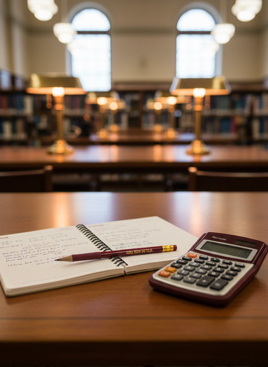 A close-up of an ASU-themed study session captured without any people: an open spiral notebook filled with neat handwritten notes in multicolored ink, a maroon-and-gold mechanical pencil resting across the page, and a graphing calculator angled nearby. The items sit on a smooth, dark-wood library table with a soft matte finish. In the background, rows of books and softly glowing desk lamps are blurred into warm bokeh. Overhead library lighting mixes with diffused daylight from high windows, creating balanced, shadow-free illumination. Photographic realism at a slightly elevated angle, shallow depth of field, and rule-of-thirds composition convey focus, dedication, and the quiet wins of academic progress.