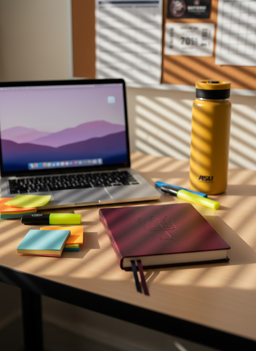 A neatly arranged study desk showcasing ASU life, centered around a closed maroon notebook embossed with a subtle pitchfork emblem and a sleek silver laptop with a minimalist wallpaper of Tempe’s desert mountains. The desk surface is warm light wood with a soft matte finish, scattered with colorful sticky notes, highlighters, and a reusable water bottle in ASU gold. In the background, a blurred corkboard holds pinned schedules and game tickets. Late afternoon sunlight filters through blinds, casting striped shadows and a cozy glow. Photographic realism, shot at eye level with a shallow depth of field, emphasizing a calm, reflective, and productive student atmosphere for a personal blog header.
